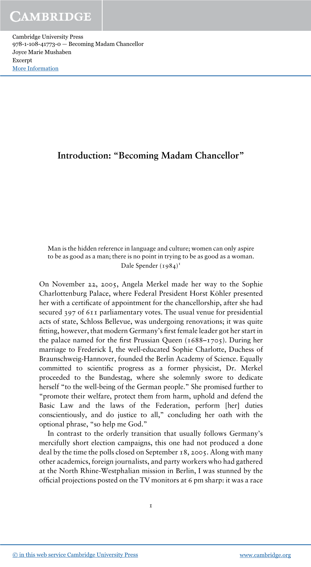 Becoming Madam Chancellor Joyce Marie Mushaben Excerpt More Information