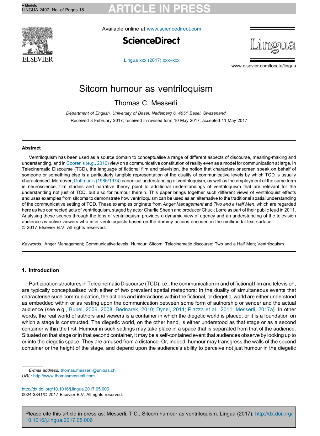 Sitcom Humour As Ventriloquism Thomas C