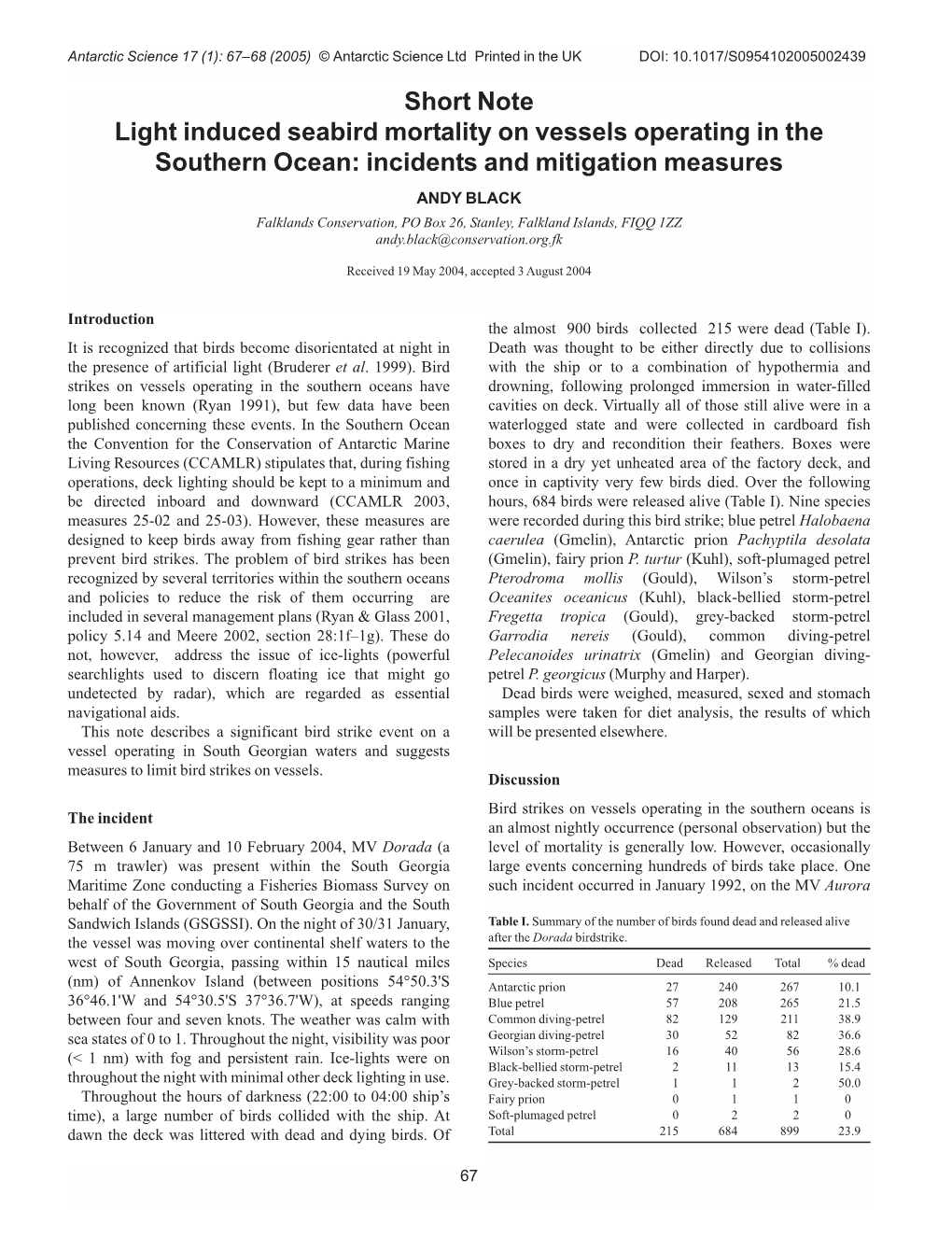 Light Induced Seabird Mortality on Vessels Operating in the Southern