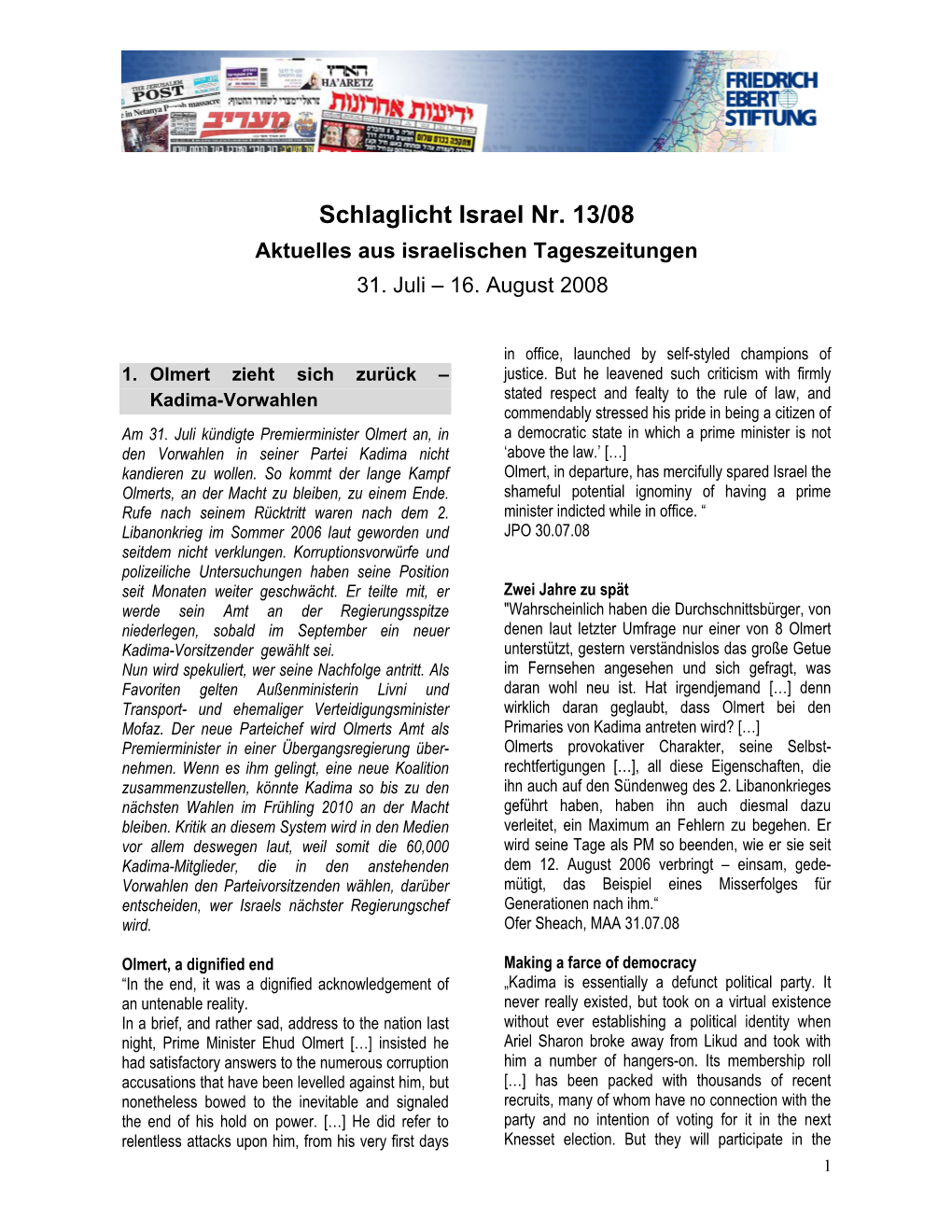 Schlaglicht Israel Nr. 13/08 Aktuelles Aus Israelischen Tageszeitungen 31