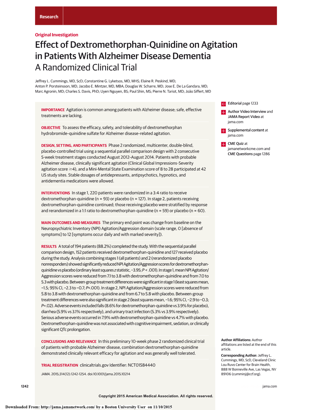 Effect of Dextromethorphan-Quinidine on Agitation in Patients with Alzheimer Disease Dementia a Randomized Clinical Trial