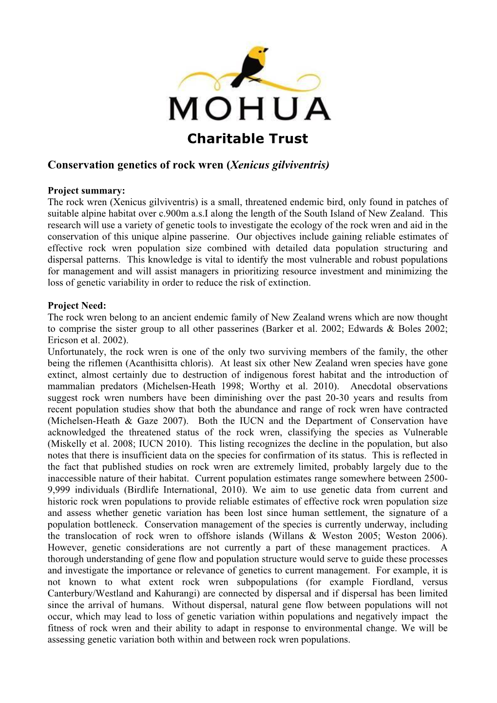 Conservation Genetics of Rock Wren (Xenicus Gilviventris)