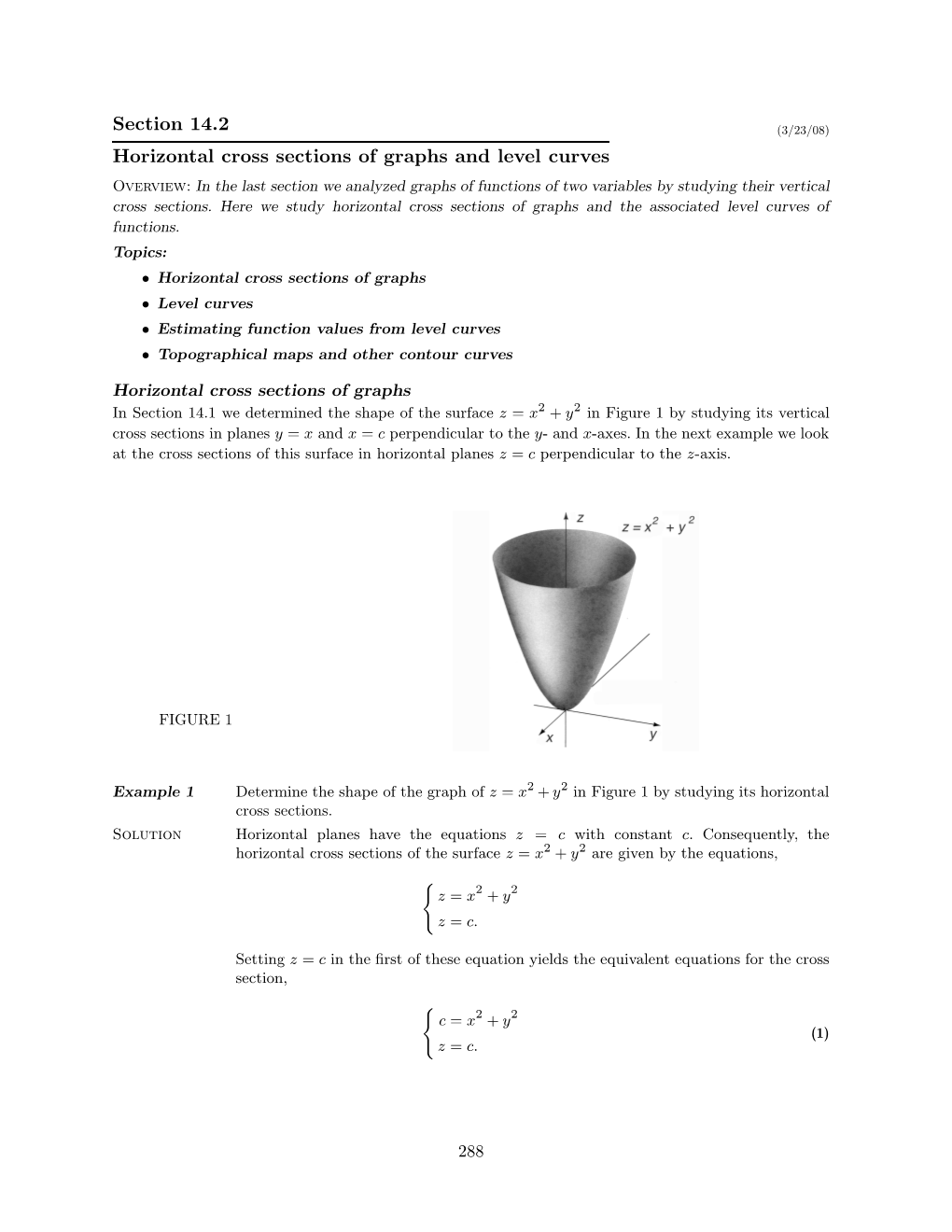 Section 14.2 Horizontal Cross Sections of Graphs and Level Curves