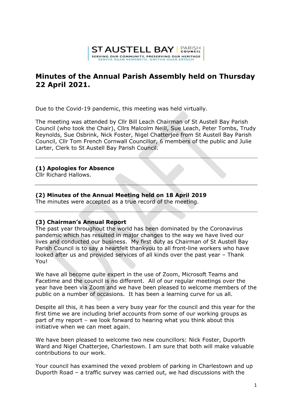 Minutes of the Annual Parish Assembly Held on Thursday 22 April 2021