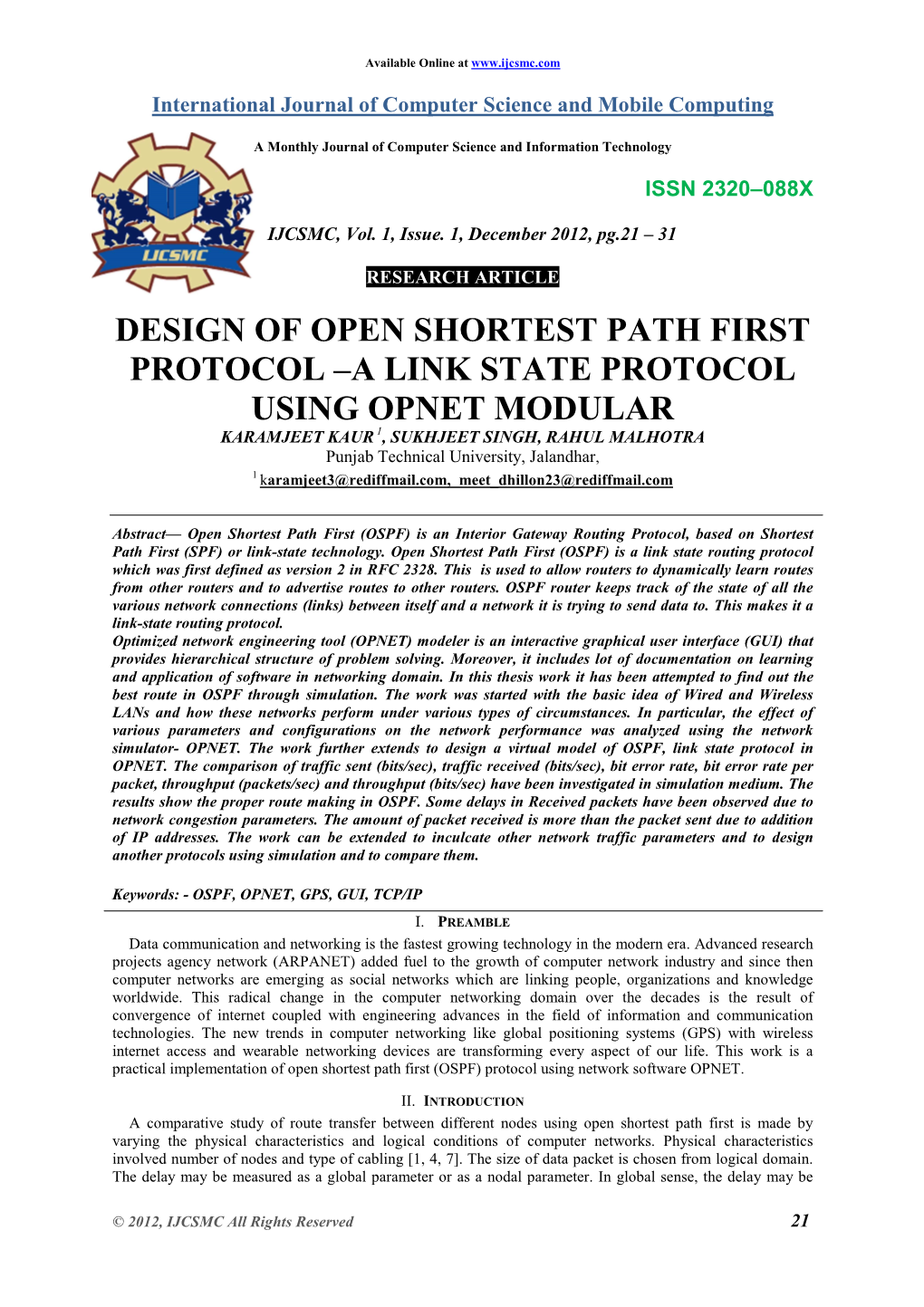 Design of Open Shortest Path First Protocol –A Link State