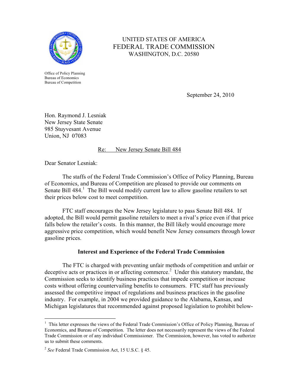 FTC Staff Comment to the Honorable Raymond J. Lesniak, Senator, New