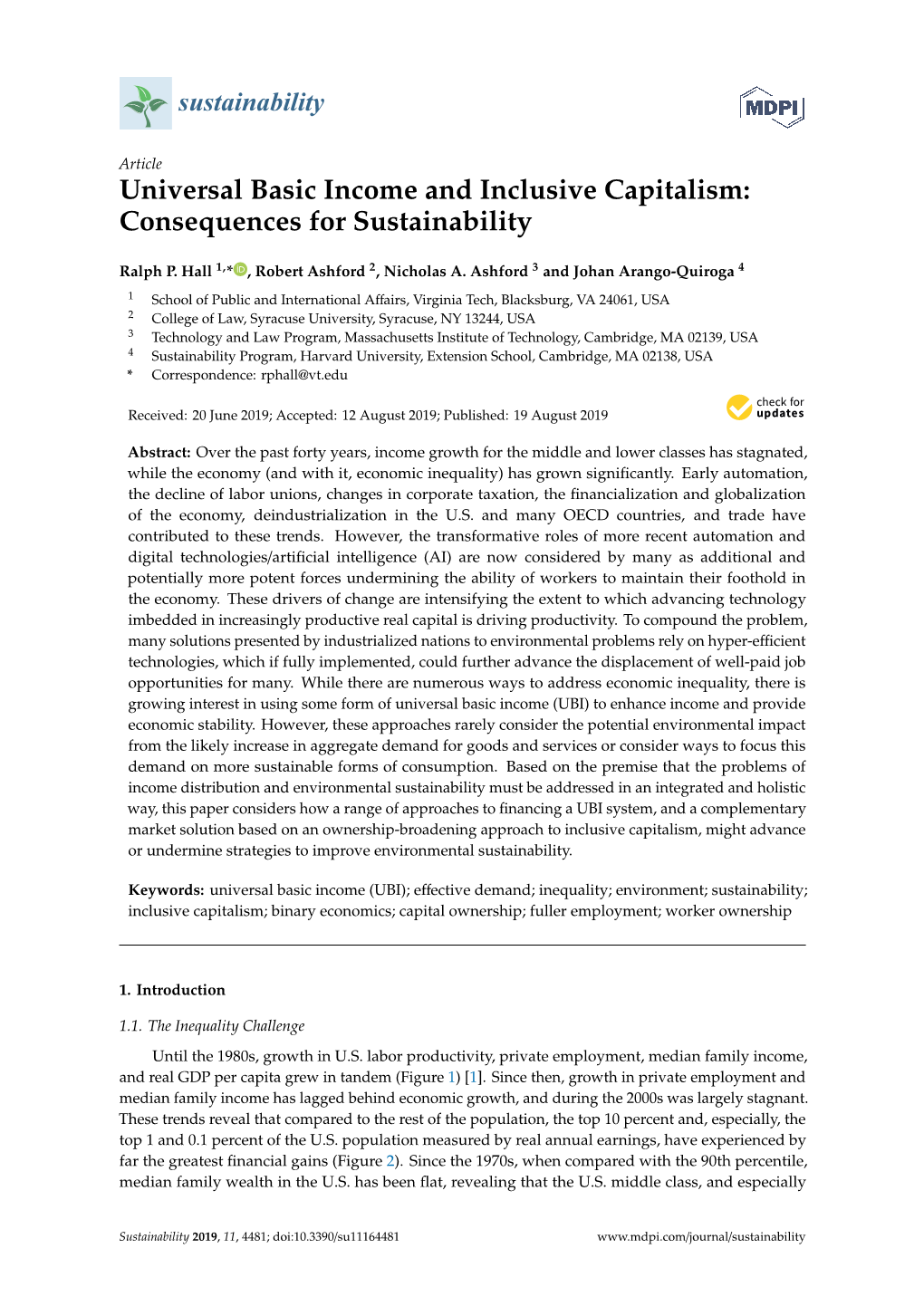 Universal Basic Income and Inclusive Capitalism: Consequences for Sustainability