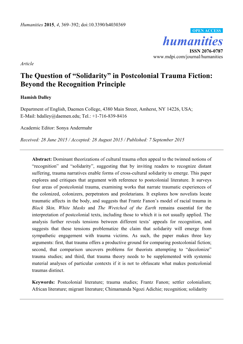The Question of “Solidarity” in Postcolonial Trauma Fiction: Beyond the Recognition Principle