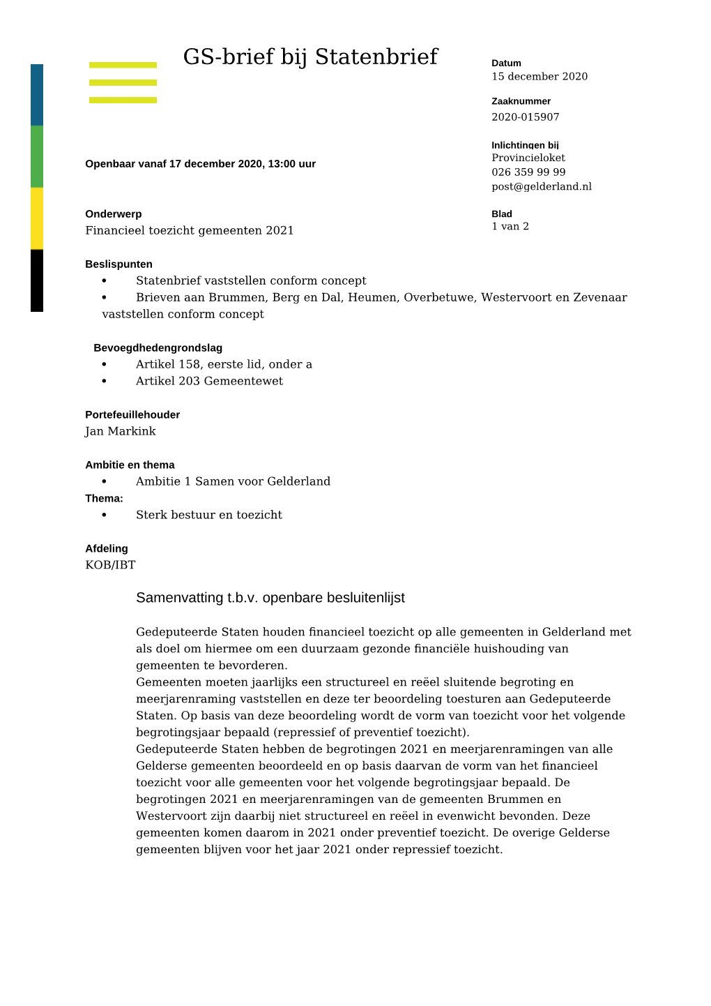 GS Brief Bij Statenbrief Financieel Toezicht 2021 Gemeenten