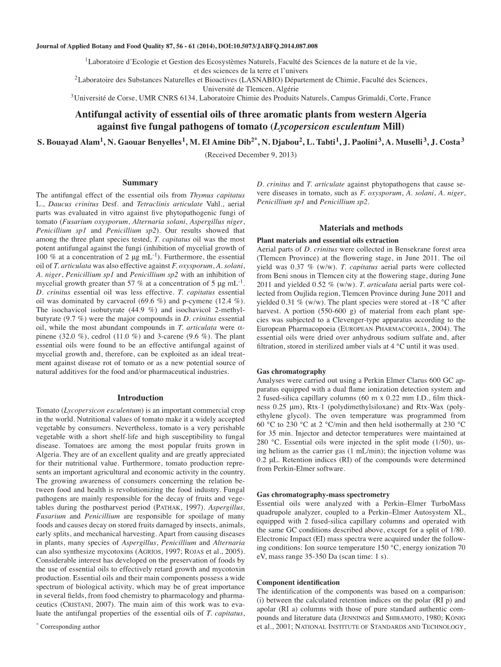 Antifungal Activity of Essential Oils of Three Aromatic Plants from Western Algeria Against Five Fungal Pathogens of Tomato Lycopersicon( Esculentum Mill) S