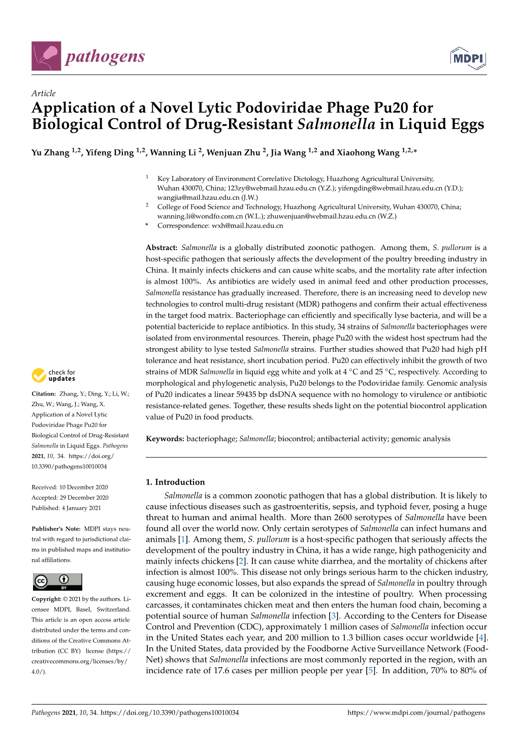 Application of a Novel Lytic Podoviridae Phage Pu20 for Biological Control of Drug-Resistant Salmonella in Liquid Eggs