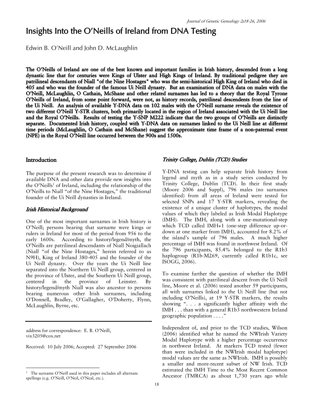 Insights Into the O'neills of Ireland from DNA Testing