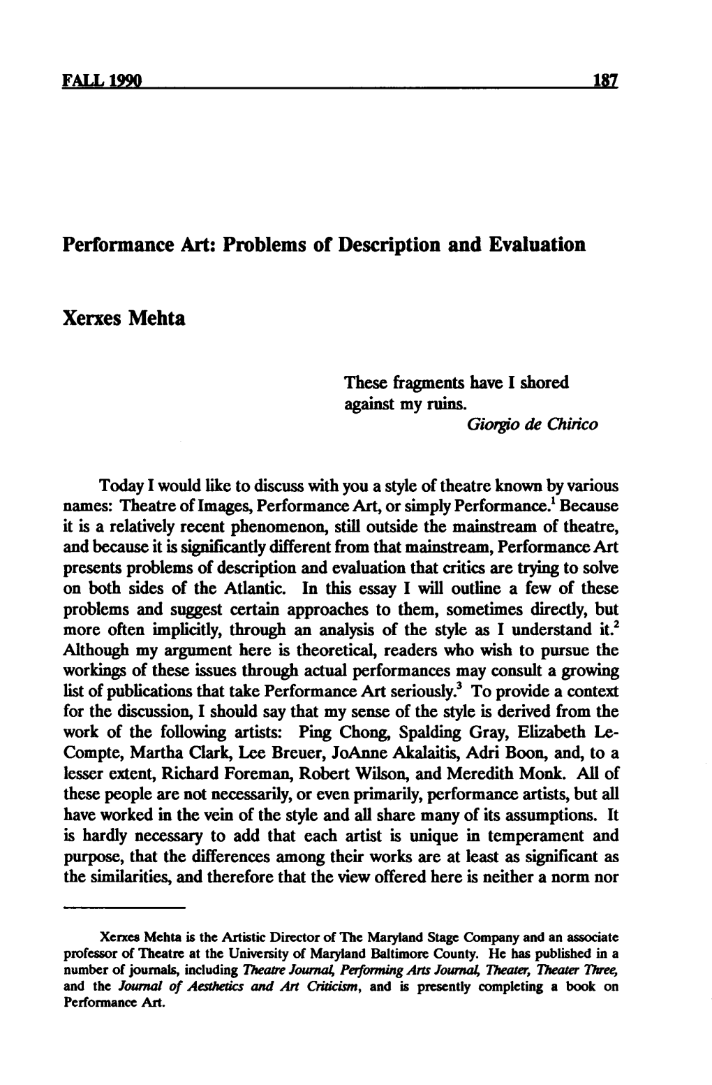 Performance Art: Problems of Description and Evaluation