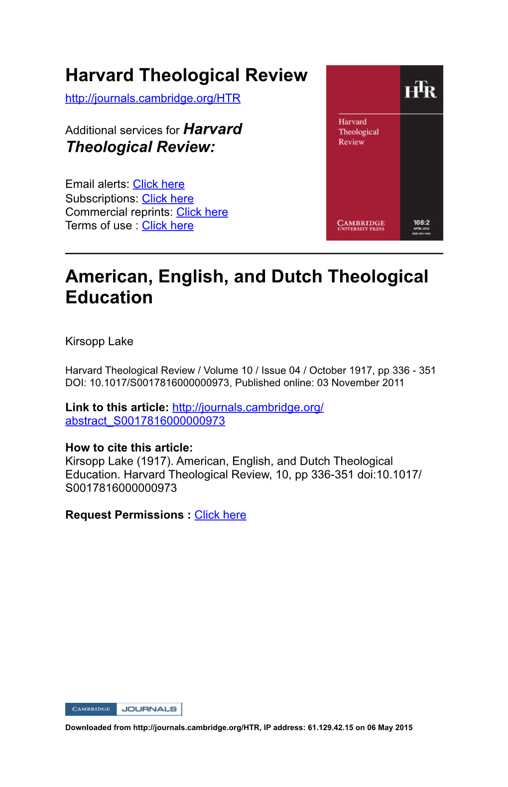 Harvard Theological Review American, English, and Dutch