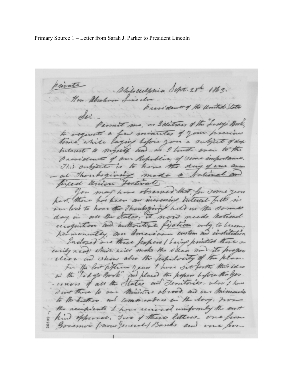 Primary Source 1 – Letter from Sarah J. Parker to President Lincoln