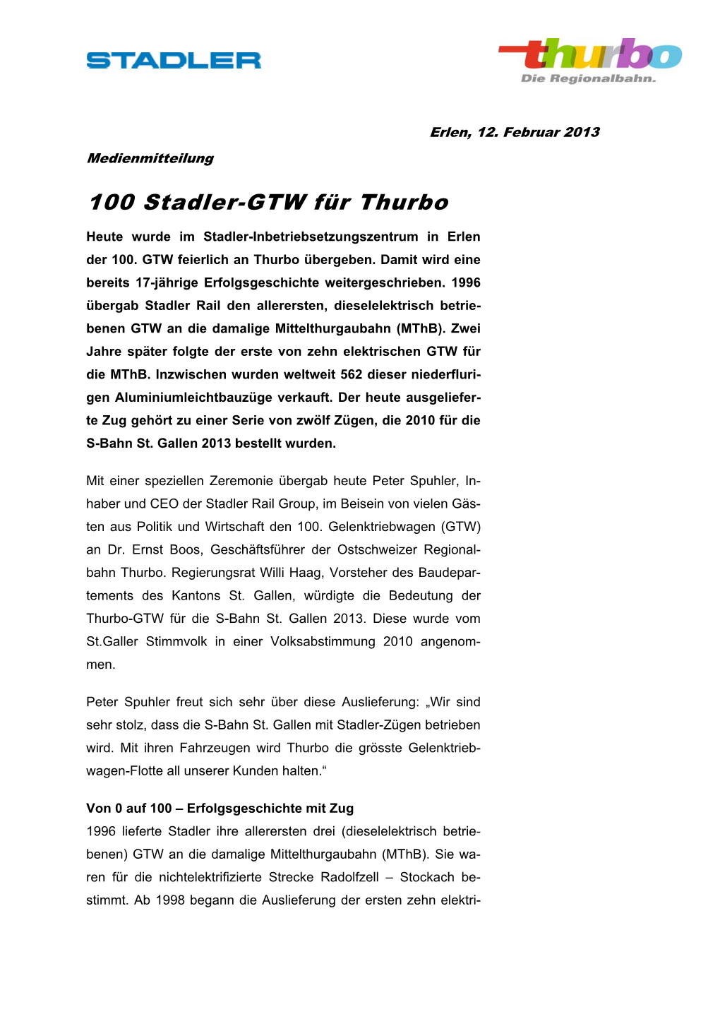 100 Stadler-GTW Für Thurbo