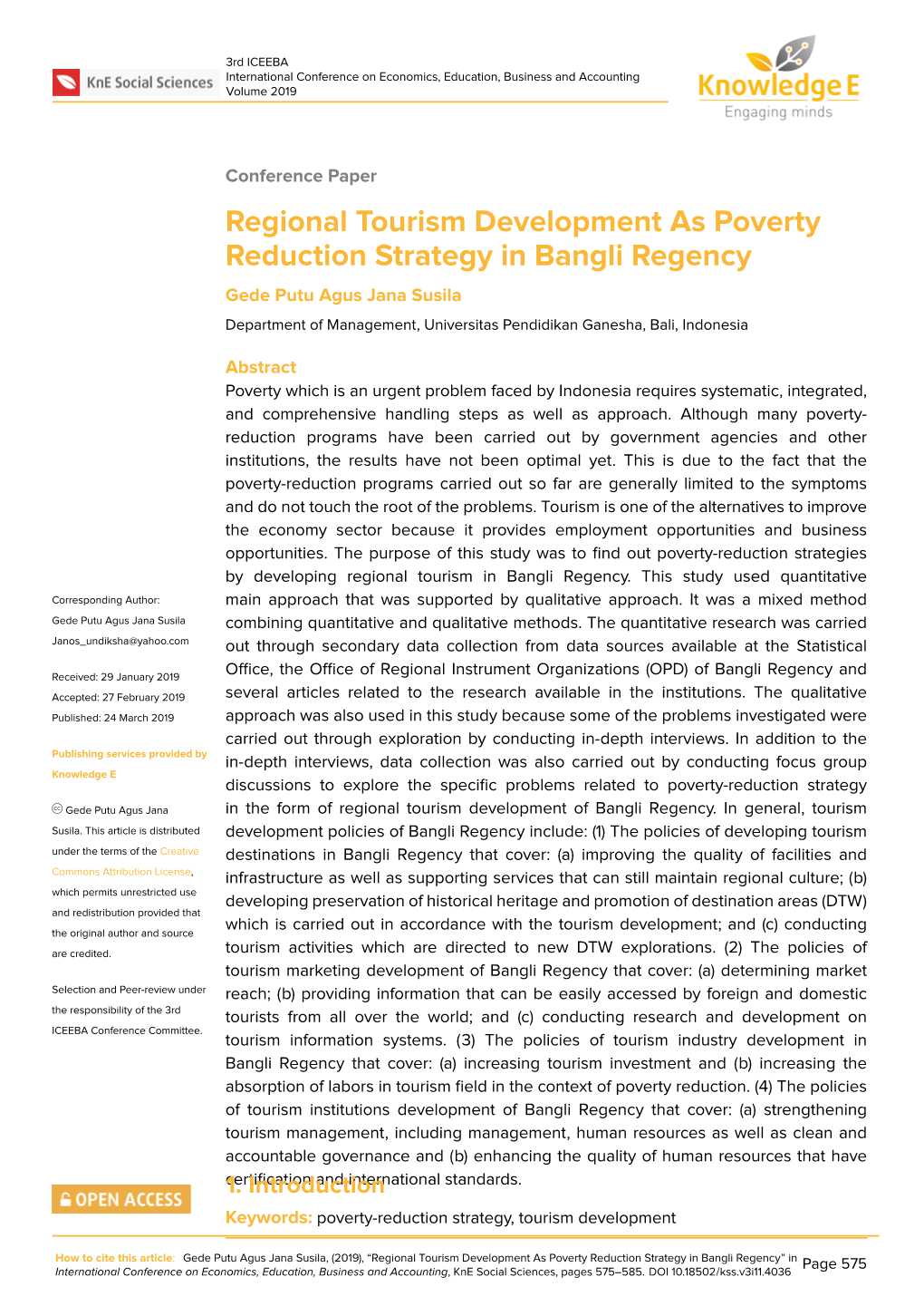 Regional Tourism Development As Poverty Reduction Strategy In