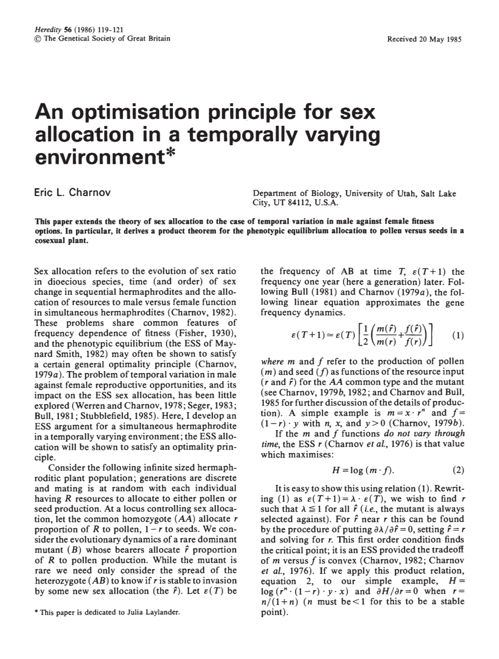 An Optimisation Principle for Sex Allocation in a Temporally Varying Environment*