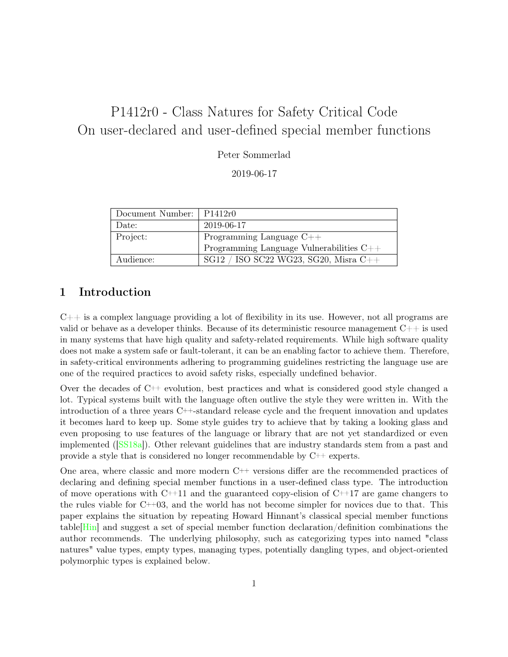 P1412r0 - Class Natures for Safety Critical Code on User-Declared and User-Deﬁned Special Member Functions