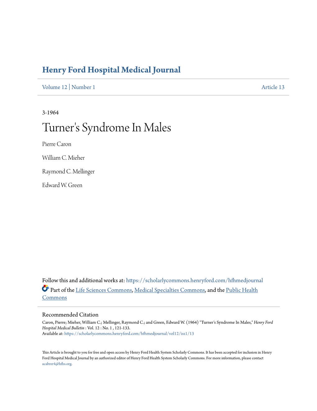 Turner's Syndrome in Males Pierre Caron