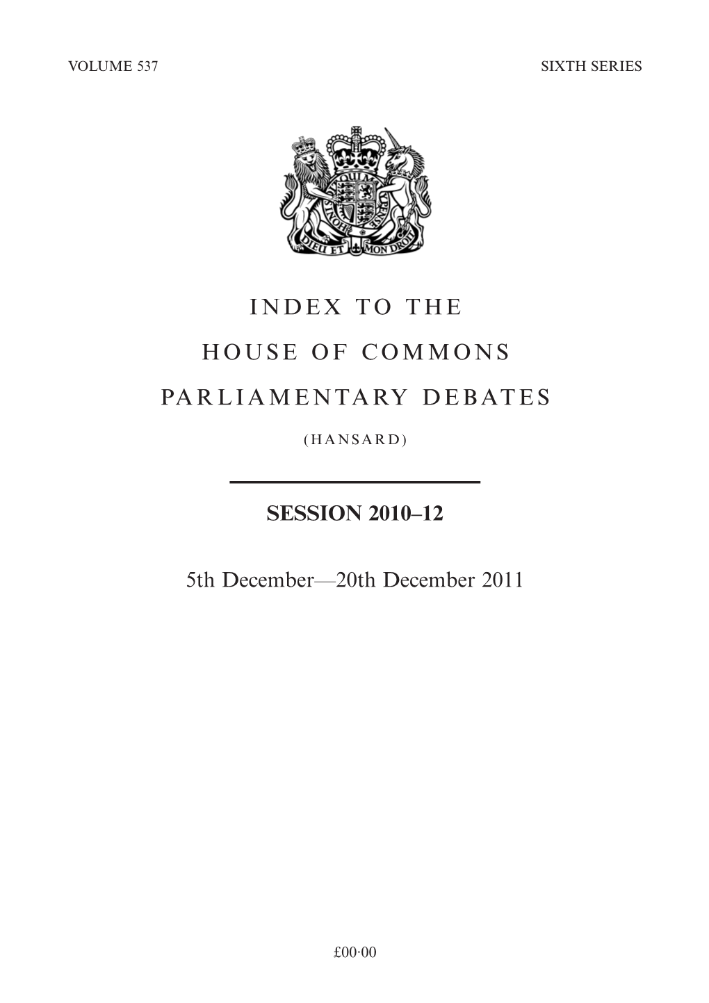 Index to the House of Commons Parliamentary