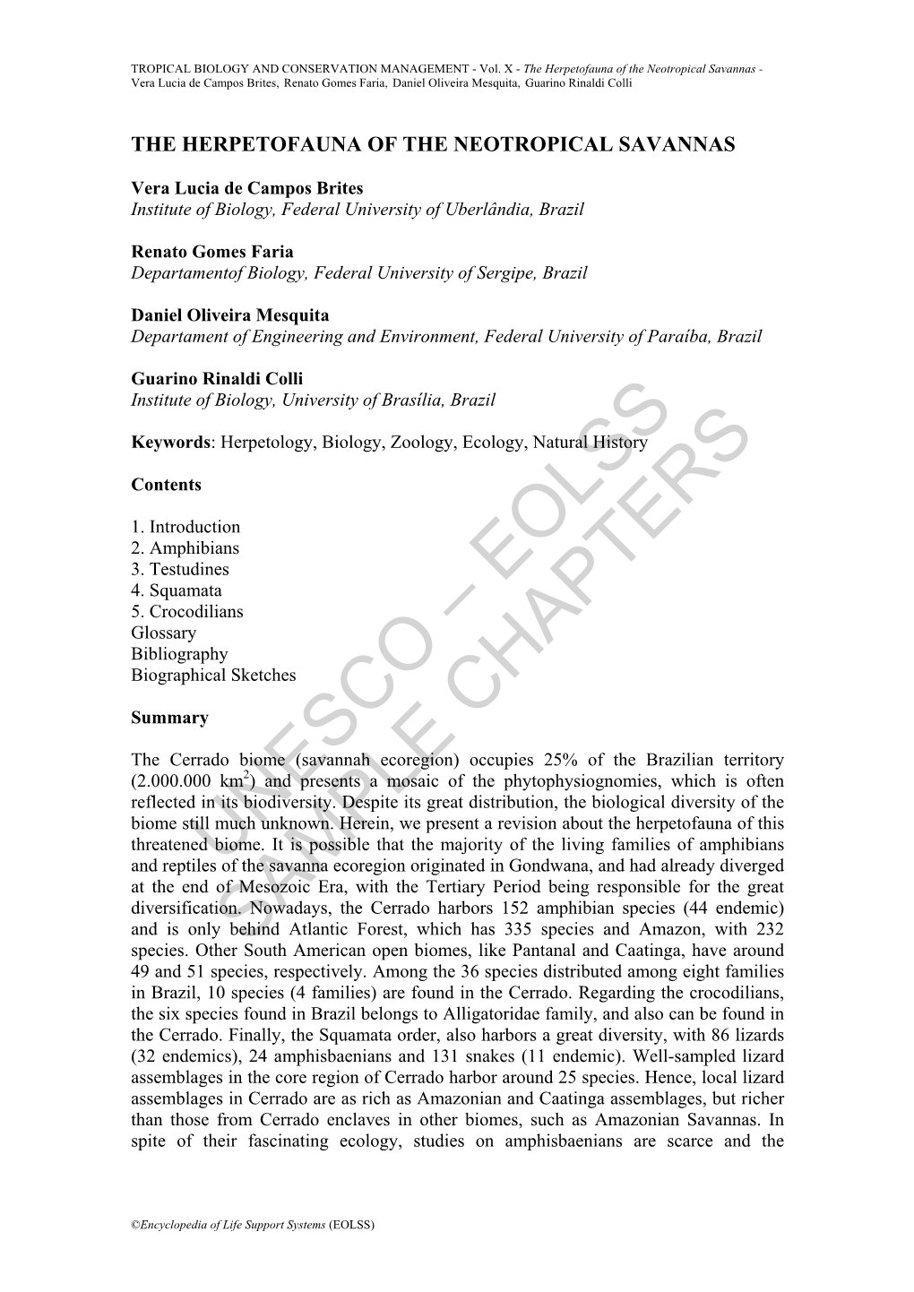 The Herpetofauna of the Neotropical Savannas - Vera Lucia De Campos Brites, Renato Gomes Faria, Daniel Oliveira Mesquita, Guarino Rinaldi Colli