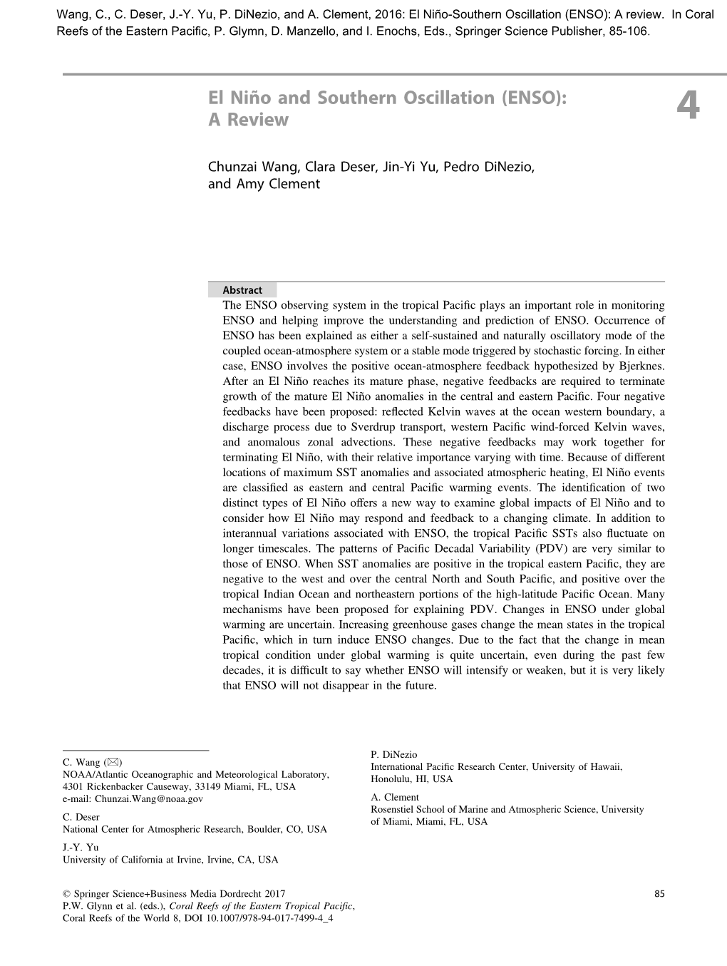 El Niño and Southern Oscillation (ENSO): a Review 4