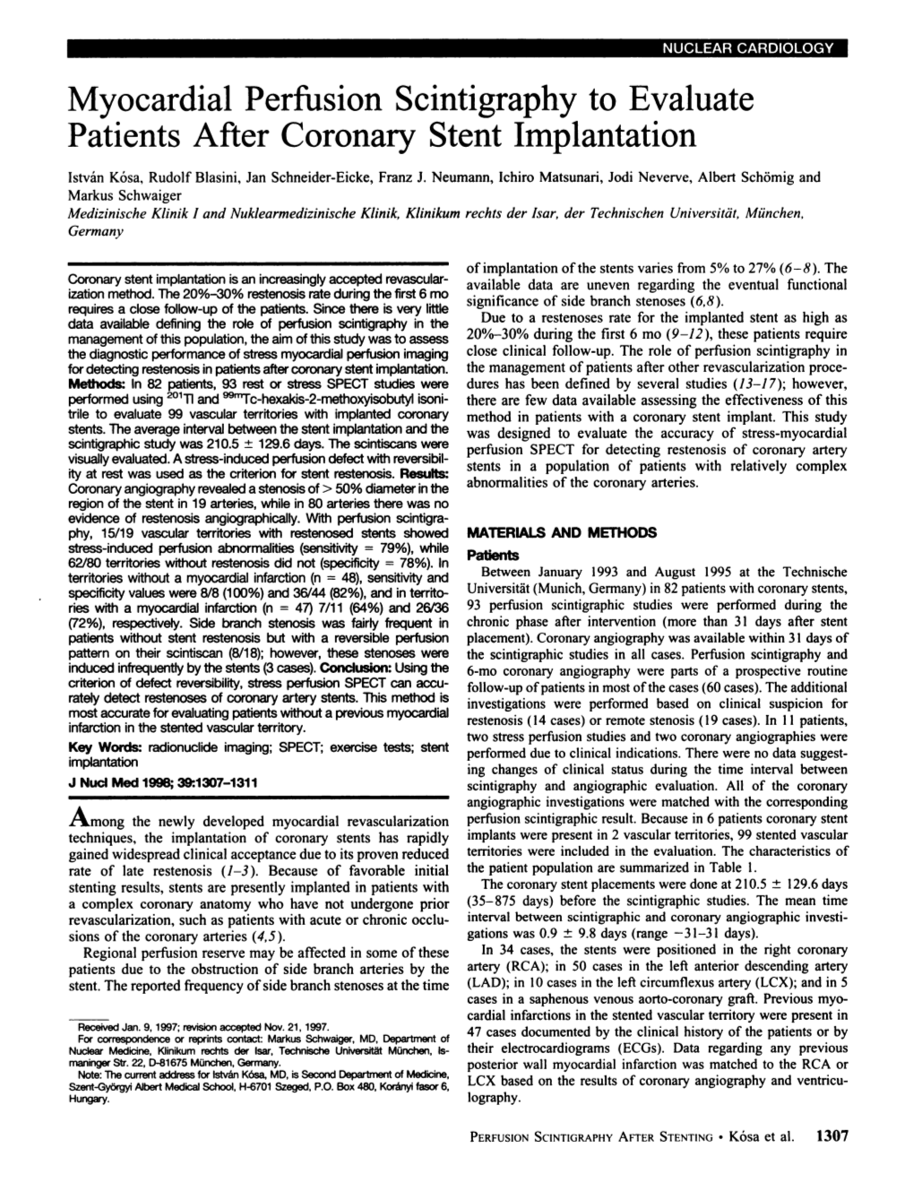 Myocardial Perfusion Scintigraphy to Evaluate Patients After Coronary Stent Implantation