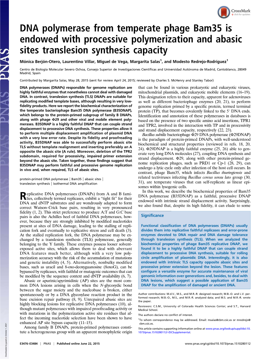 DNA Polymerase from Temperate Phage Bam35 Is Endowed with Processive Polymerization and Abasic Sites Translesion Synthesis Capacity