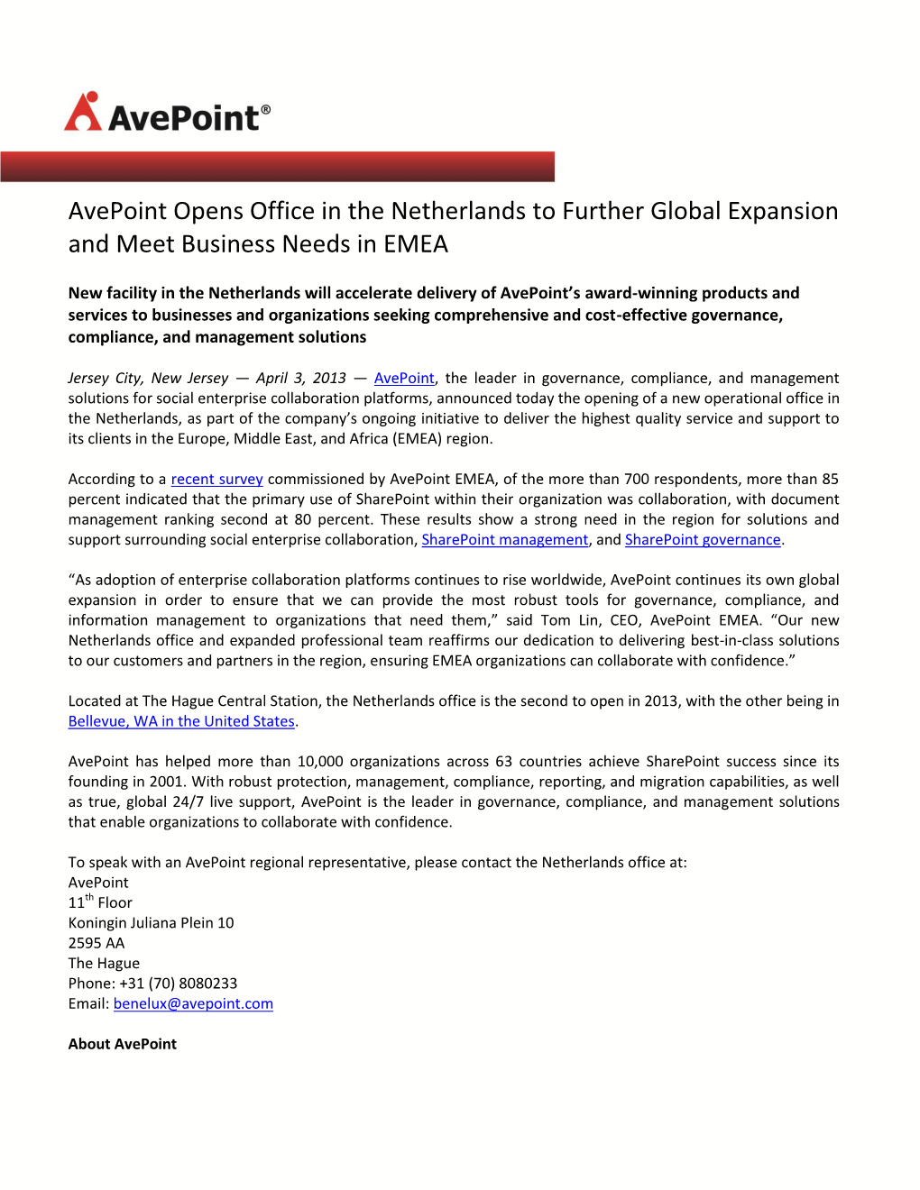 Avepoint Opens Office in the Netherlands to Further Global Expansion and Meet Business Needs in EMEA