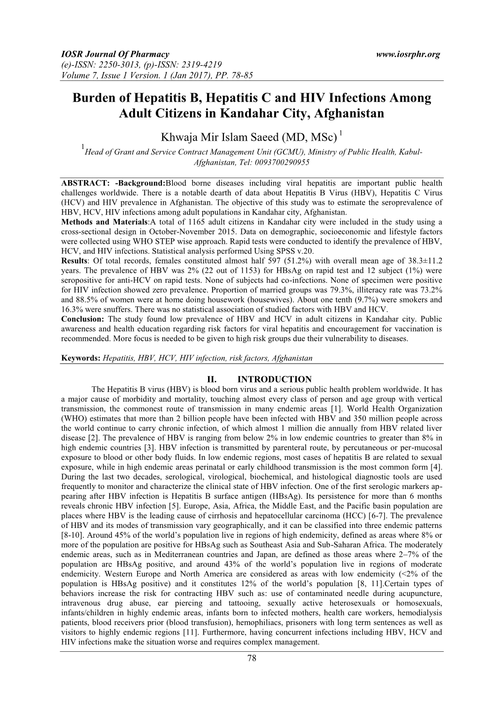 Burden of Hepatitis B, Hepatitis C and HIV Infections Among Adult Citizens in Kandahar City, Afghanistan