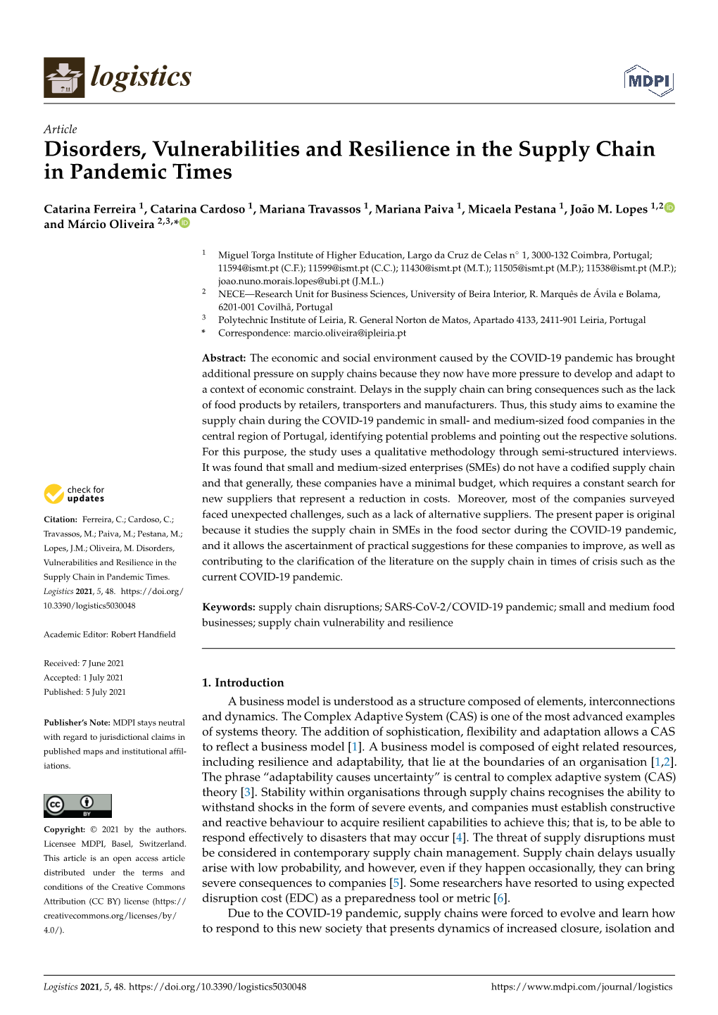 Disorders, Vulnerabilities and Resilience in the Supply Chain in Pandemic Times