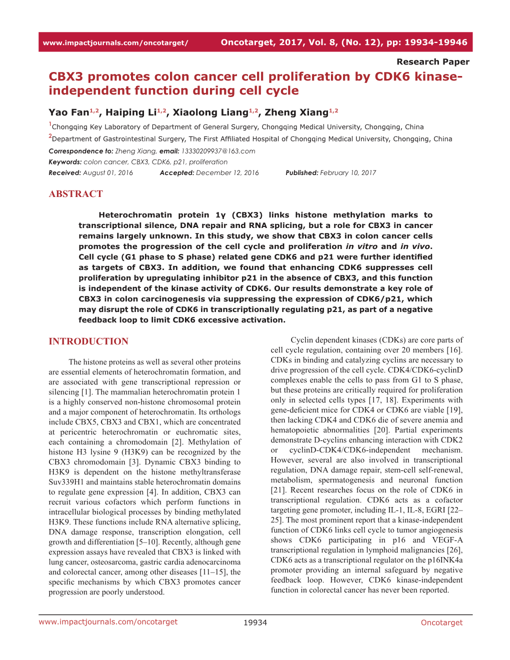 CBX3 Promotes Colon Cancer Cell Proliferation by CDK6 Kinase- Independent Function During Cell Cycle