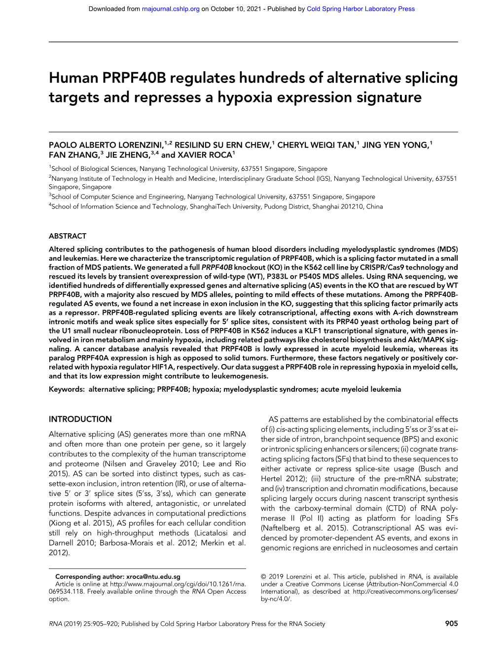 Human PRPF40B Regulates Hundreds of Alternative Splicing Targets and Represses a Hypoxia Expression Signature