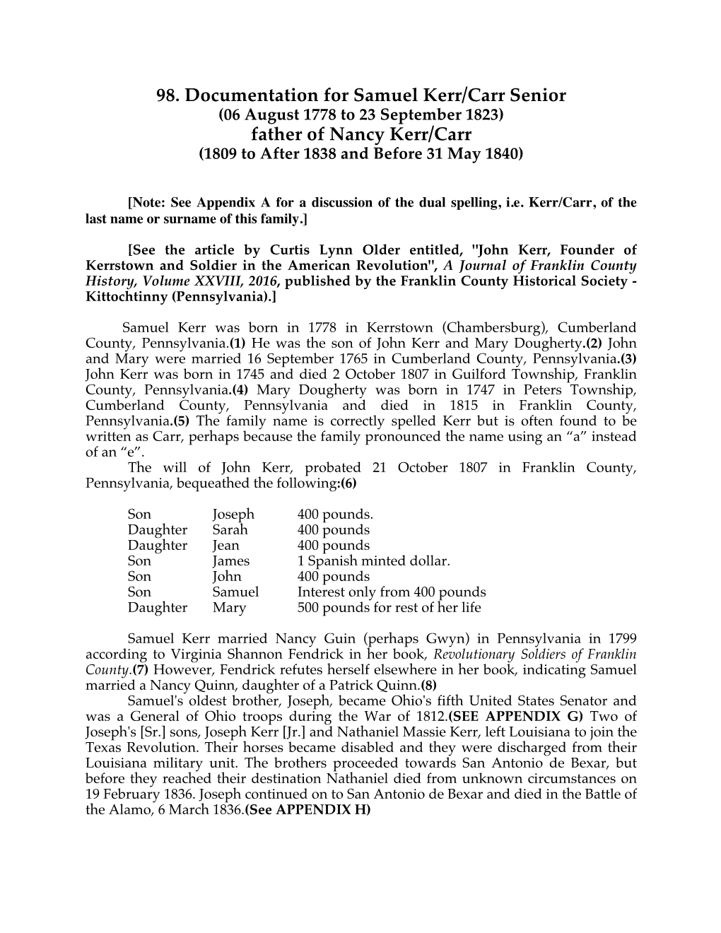 98. Documentation for Samuel Kerr/Carr Senior (06 August 1778 to 23 September 1823) Father of Nancy Kerr/Carr (1809 to After 1838 and Before 31 May 1840)