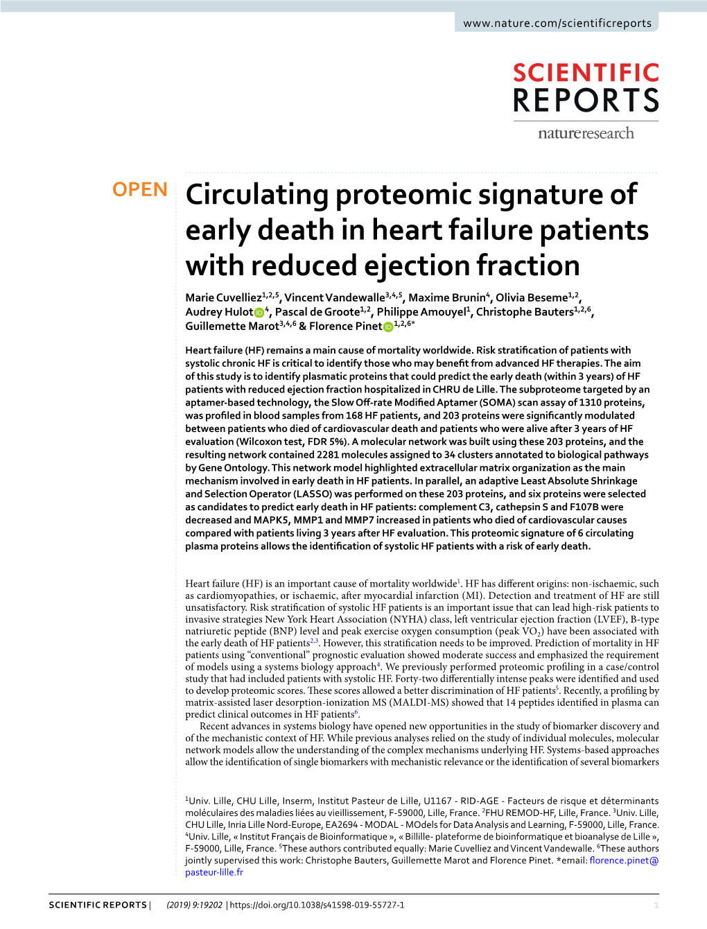 Circulating Proteomic Signature of Early Death in Heart Failure Patients with Reduced Ejection Fraction