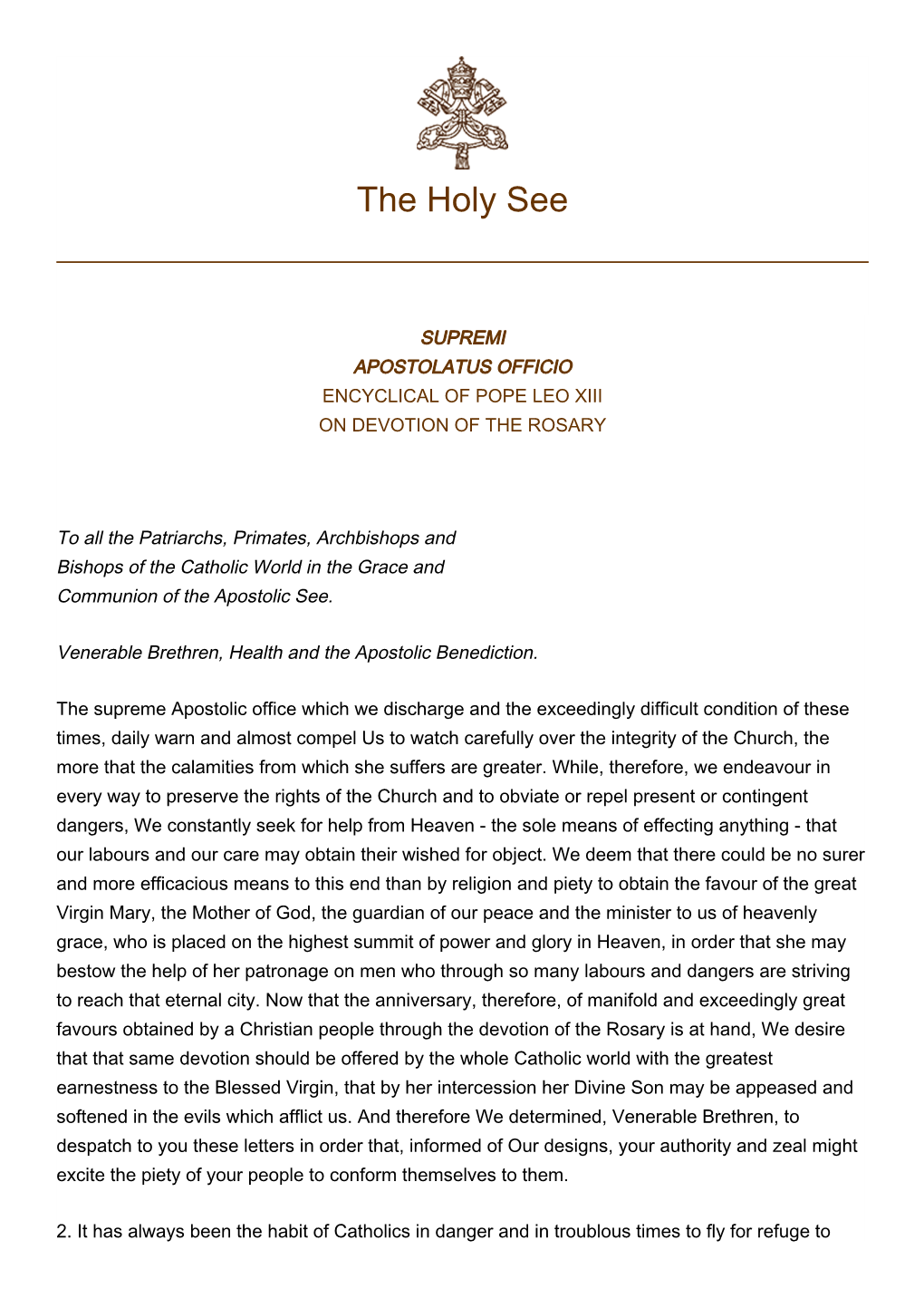 Supremi Apostolatus Officio Encyclical of Pope Leo Xiii on Devotion of the Rosary