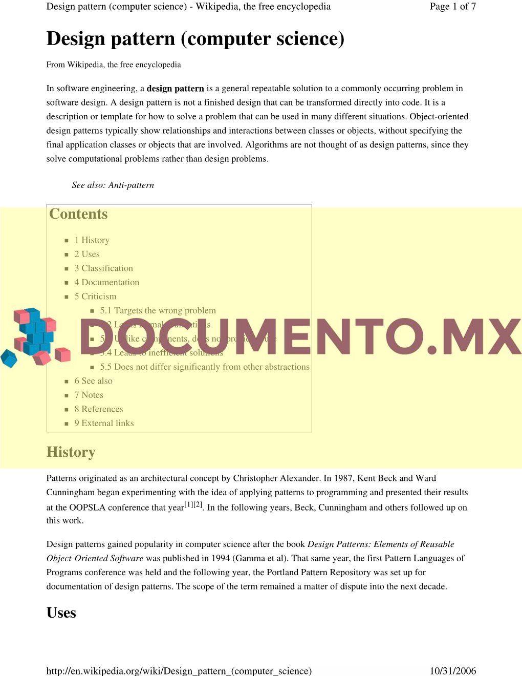 Design Pattern (Computer Science) - Wikipedia, the Free Encyclopedia Page 1 of 7 Design Pattern (Computer Science)