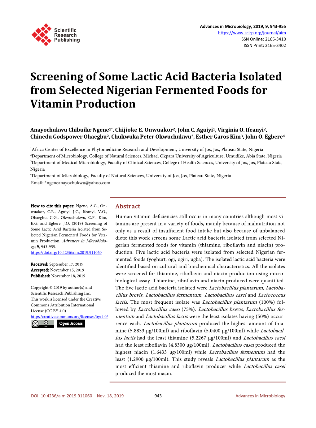 Screening of Some Lactic Acid Bacteria Isolated from Selected Nigerian Fermented Foods for Vitamin Production