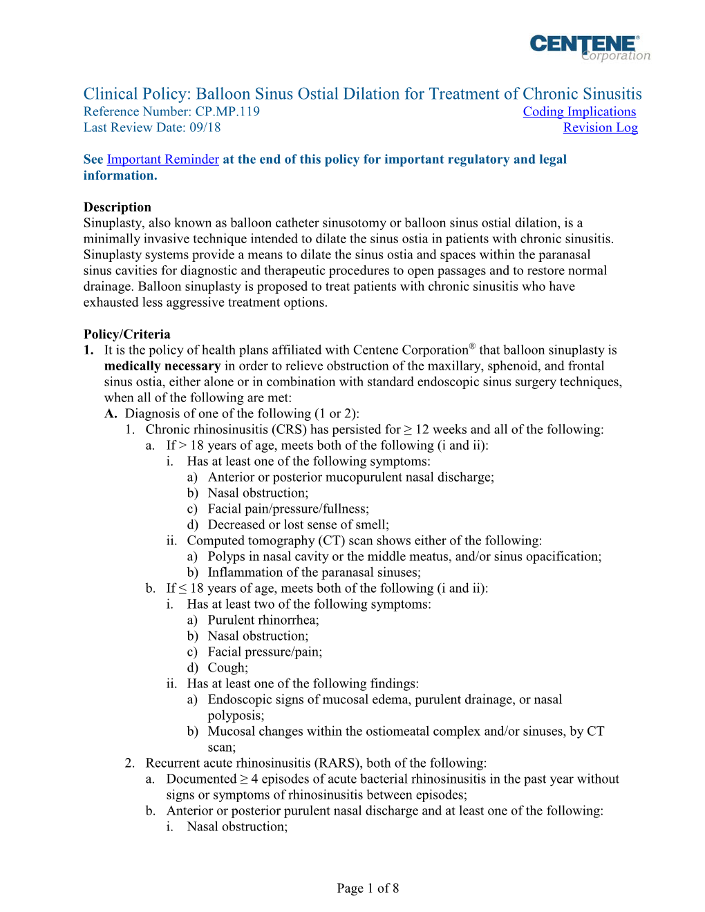 Clinical Policy: Balloon Sinus Ostial Dilation for Treatment of Chronic Sinusitis