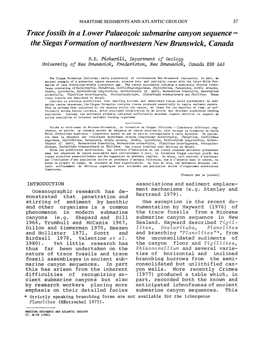 Trace Fossils in a Lower Palaeozoic Submarine Canyon Sequence - the Siegas Formation of Northwestern New Brunswick, Canada