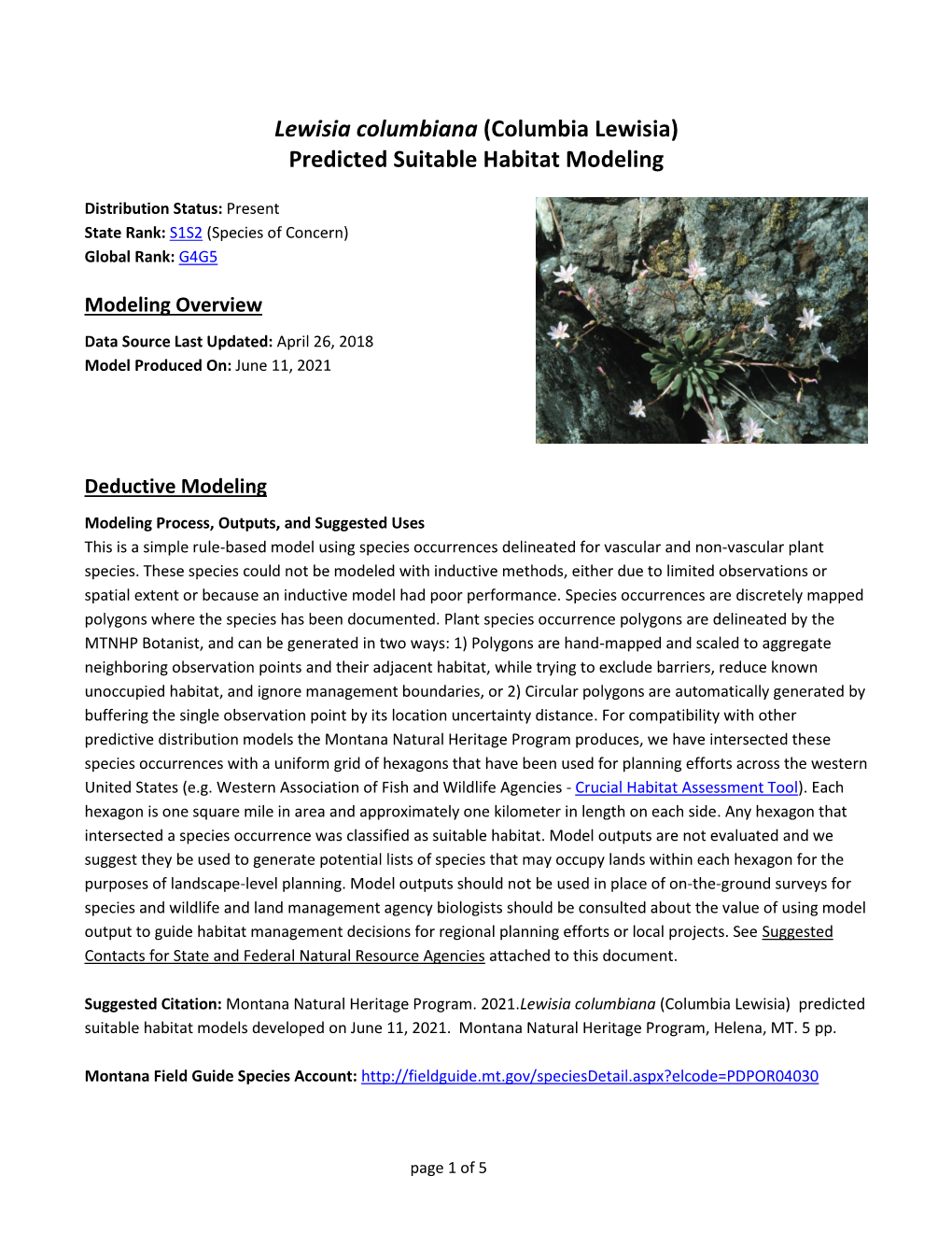 Lewisia Columbiana (Columbia Lewisia) Predicted Suitable Habitat Modeling