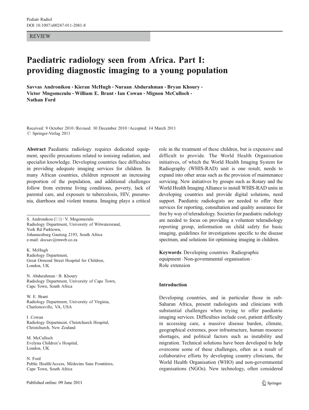 Paediatric Radiology Seen from Africa. Part I: Providing Diagnostic Imaging to a Young Population