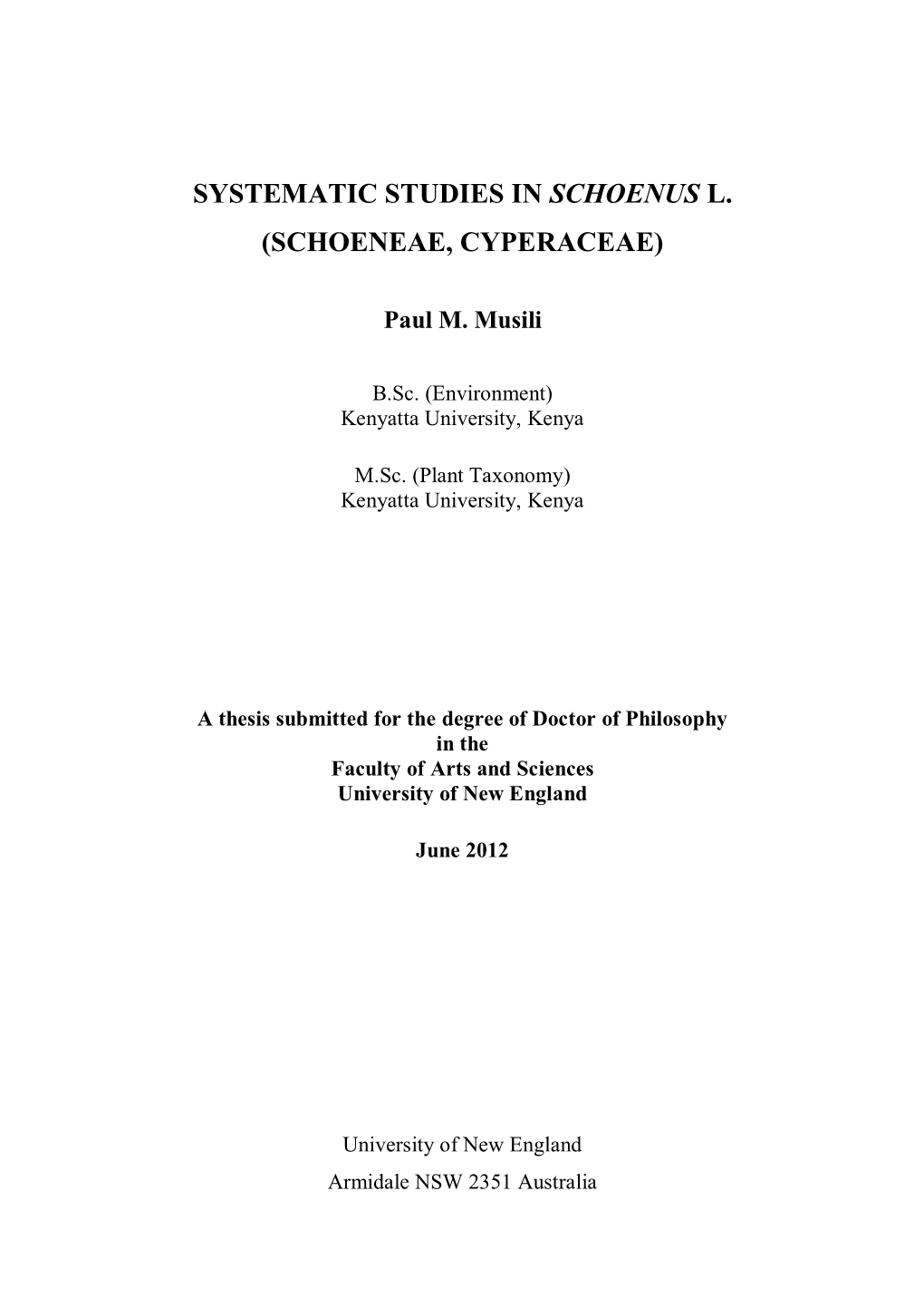 Systematic Studies in Schoenus L. (Schoeneae, Cyperaceae)