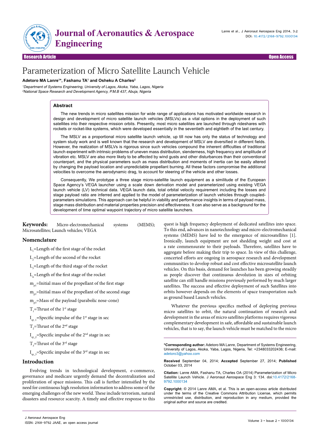 Parameterization of Micro Satellite Launch Vehicle