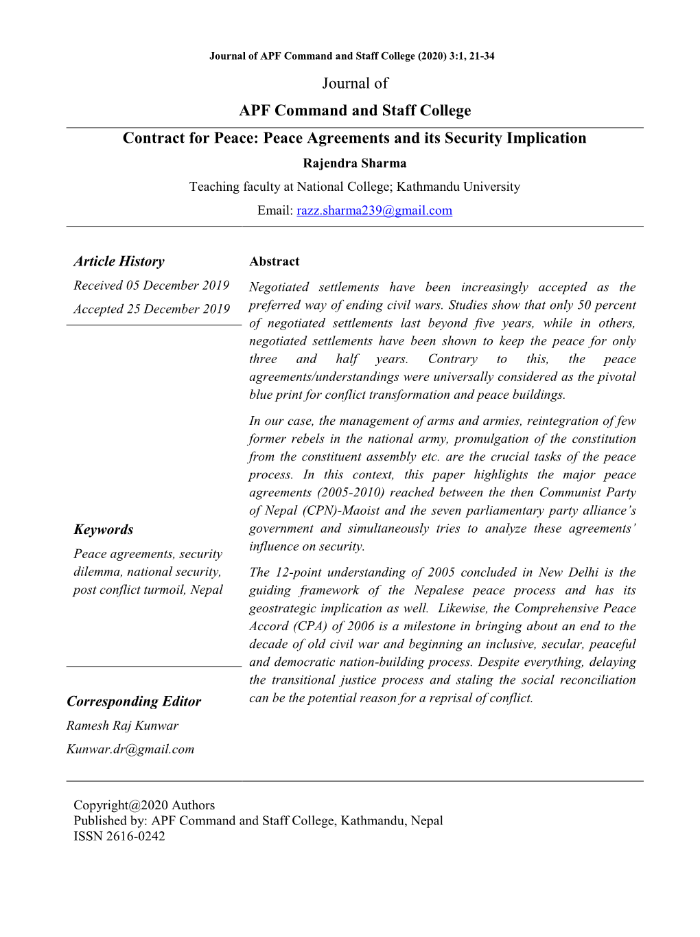 Journal of APF Command and Staff College Contract for Peace: Peace Agreements and Its Security Implication