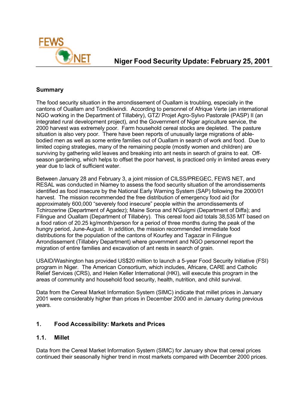 Niger Food Security Update: February 25, 2001