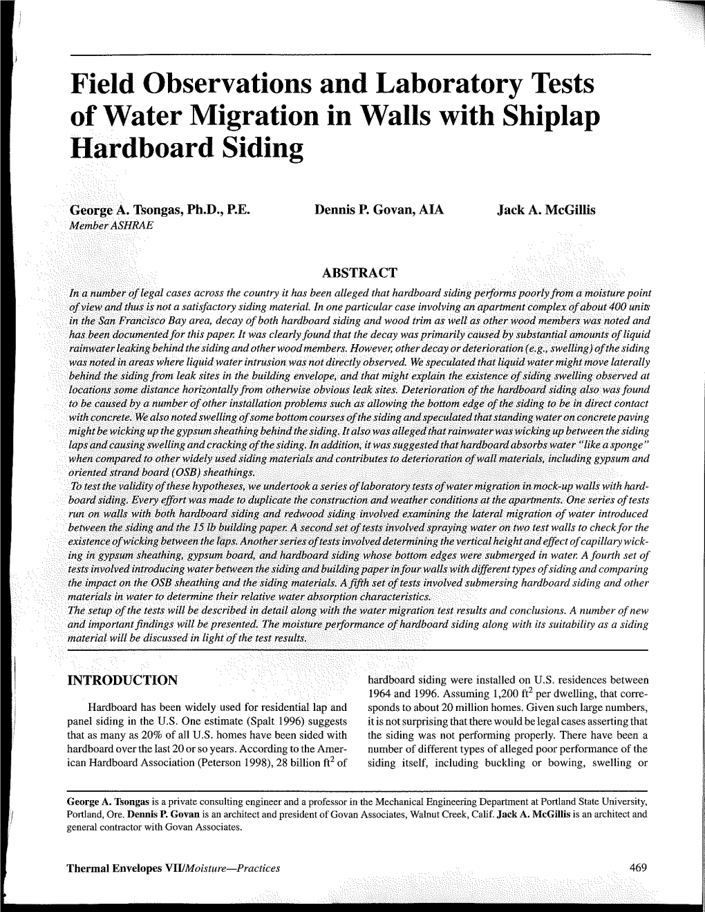 Field Observations and Laboratory Tests of Water Migration in Walls with Shiplap Hardboard Siding