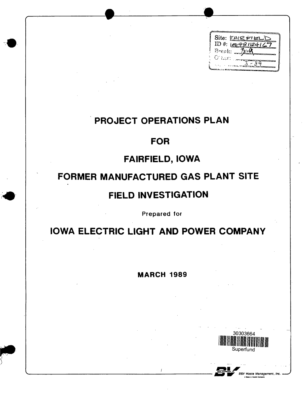 Project Operations Plan for Fairfield, Iowa Former Manufactured Gas