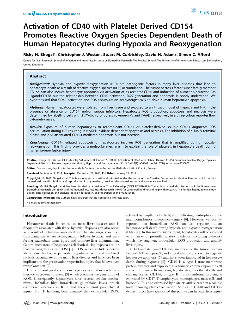 Activation of CD40 with Platelet Derived CD154 Promotes Reactive Oxygen Species Dependent Death of Human Hepatocytes During Hypoxia and Reoxygenation